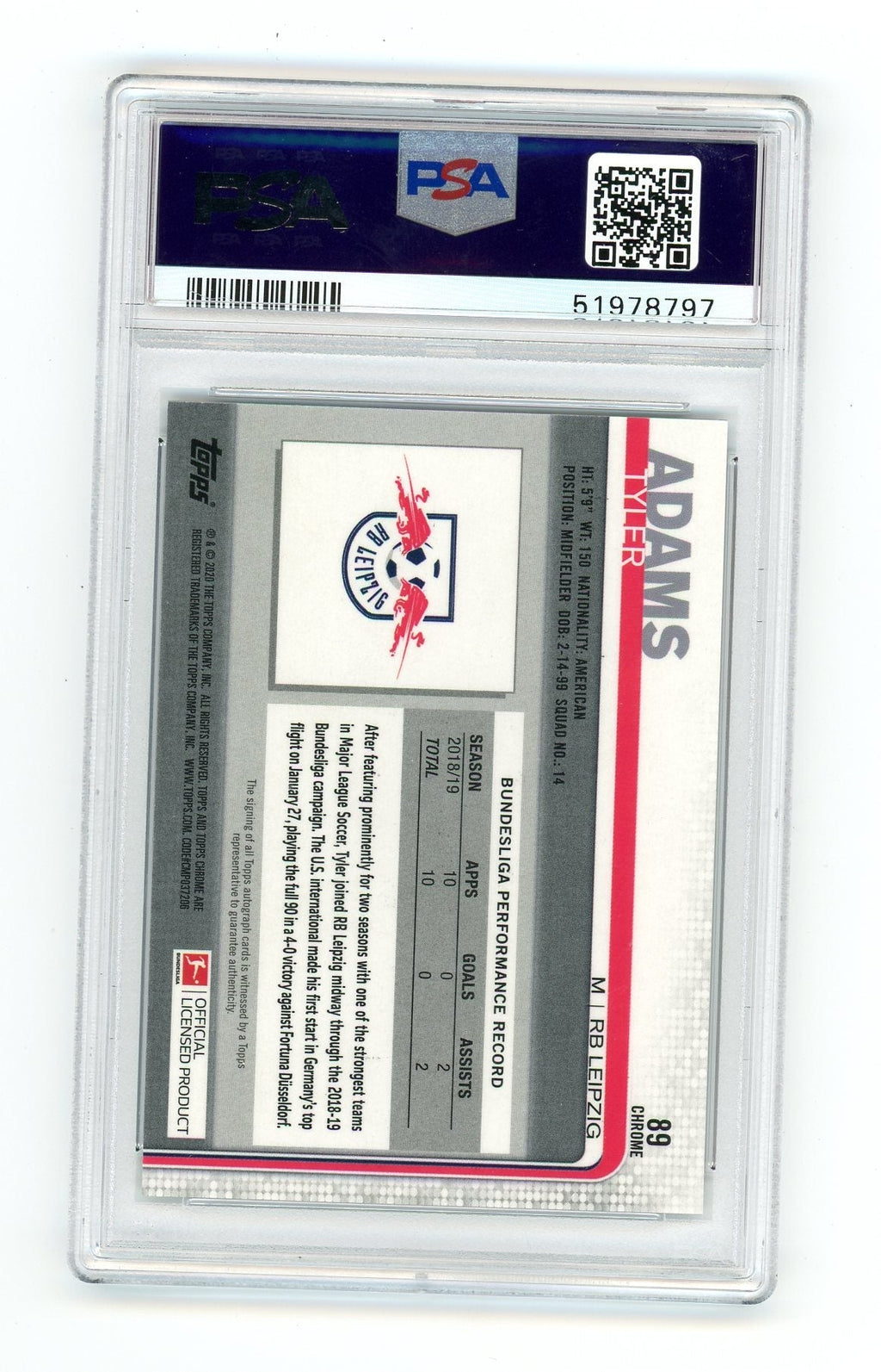 Tyler Adams 2019 Topps Chrome Bundesliga Base Autograph PSA 10